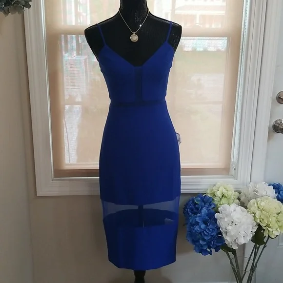 NWT! Dress The Population Micaela Electric Blue 💙 Sheer Inset Body-Con Dress XS - Picture 7 of 16